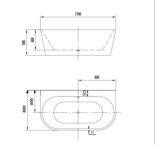 Акриловая ванна ART&MAX AM-AM-206A-1700-800 пристенная со сливом-переливом (донный клапан клик-клак, сифон в комплекте) с увеличенной толщиной пристенного борта ART&MAX