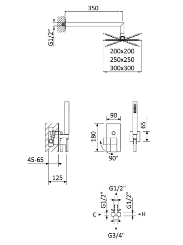 Душевая система с переключателем для верхнего и ручного душа, верхний душ из стены из металл PORTA-DSIPQ-25-BIO CEZARES