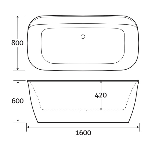 Акриловая ванна ART&MAX AM-316-1600-800 пристенная со сливом-переливом (донный клапан клик-клак, сифон в комплекте) ART&MAX